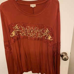 Rust POL long sleeve top with lace detail